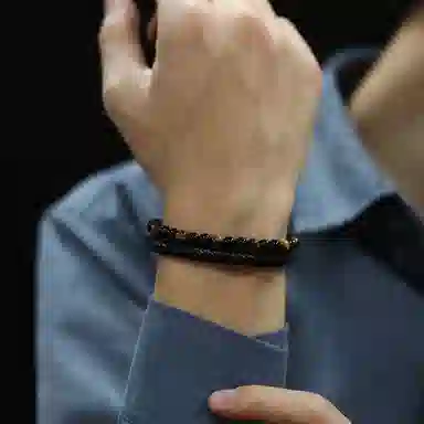 肯默钛钢双层手链 朋克风手环 编织皮 简约磁吸开口 男款  黑色