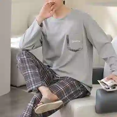 棉基因 纯棉春季长袖长裤睡衣男家居服套装 简约圆领睡衣 男款灰色