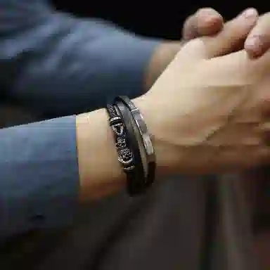 肯默钛钢骷髅皇冠手链   朋克风手环 多层编织皮   简约磁吸开口 男款