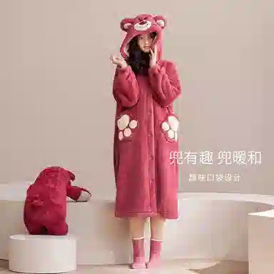 静韵 超柔软 迪士尼大眼仔珊瑚绒长款睡袍秋冬加绒睡衣女家居服