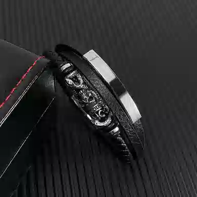 肯默钛钢骷髅皇冠手链   朋克风手环 多层编织皮   简约磁吸开口 男款