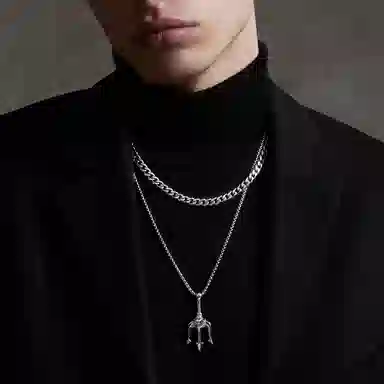 恋朵 时尚潮流项链两件套 小众高级感原创设计海王三叉戟六芒星鲨鱼钛钢项链情侣吊坠古巴链 男女同款 叠戴法则