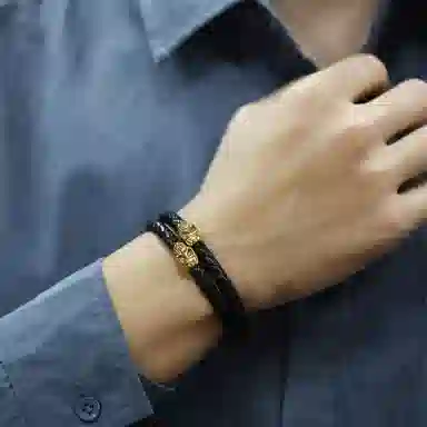 肯默钛钢骷髅头手链 朋克风手环 双层编织皮 简约磁吸开口 男款