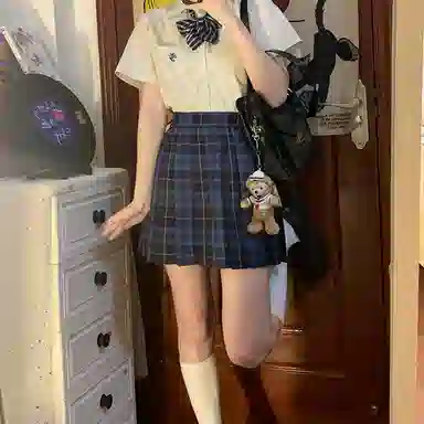 东鲸岁时记 日系复古制服格纹短款百搭学生百褶鲸落半身裙