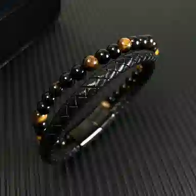 肯默钛钢双层手链 朋克风手环 编织皮 简约磁吸开口 男款  黑色