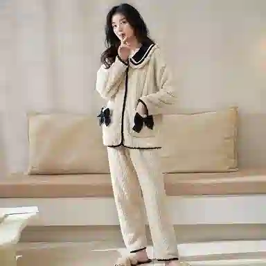 小情歌 珊瑚绒睡衣 冬季 加绒加厚保暖御寒家居服 女款  白色