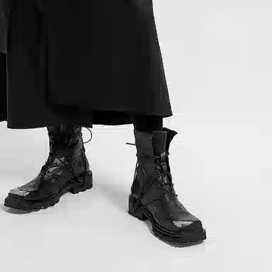 幻象者 原创设计限量定制手工鞋方头高帮真皮拉链马丁靴 男女同款 黑色