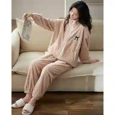 小情歌 珊瑚绒情侣睡衣 冬季 加绒加厚保暖御寒家居服 女款  粉色