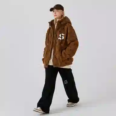 SWAMP AREA Letter Applique Sherpa Hoodie Jacket