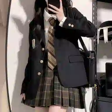 东鲸岁时记 纯色翻领西装外套格子短款百褶裙制服套装 女款