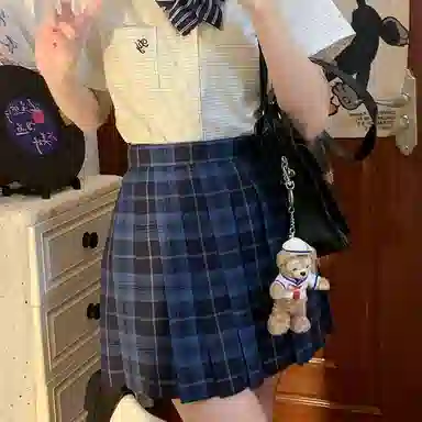 东鲸岁时记 日系复古制服格纹短款百搭学生百褶鲸落半身裙