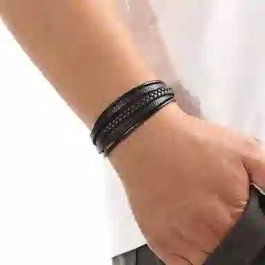 若觅 皮革编 黑色 深棕色 皮革 手环 手链 男款