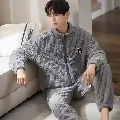 小情歌 珊瑚绒睡衣 冬季 加厚加绒保暖御寒家居服 男款  灰色