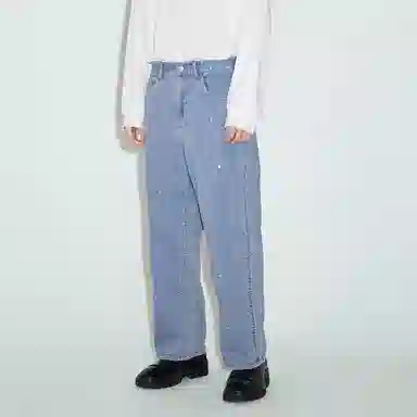 速写 拼接扎染复古水洗做旧牛仔裤 男女同款