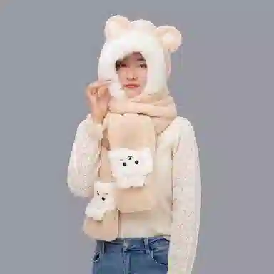 肯默 可爱兔子秋冬毛绒保暖拼色连帽三合一设计 绒线围巾 女款