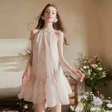 Three Quarters Floral Halter A-Line Dress Pink