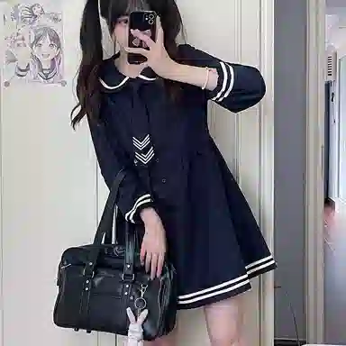 东鲸岁时记 条纹海军领长袖连衣裙 女款 藏青色