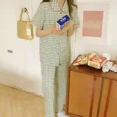 橡柠派 日系格子娃娃领三件套睡衣女夏季薄款短袖开衫可外穿家居服 女款 清新绿 家居套装