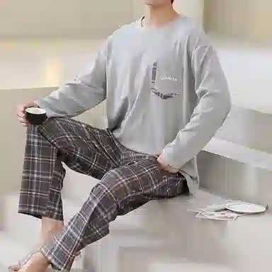 棉基因 纯棉春季长袖长裤睡衣男家居服套装 简约圆领睡衣 男款灰色