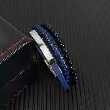 肯默钛钢嘻哈手链 朋克风手环 多层编织皮 简约磁吸开口 男款 蓝色