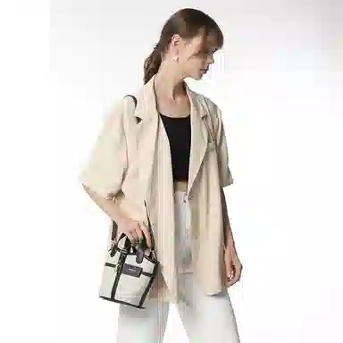 莫西里里 拼色拉链开合 帆布 水桶包菜篮子包手提单肩斜挎包 小号 女款 白色/黑色