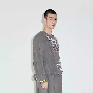 速写 拼接棋盘格长袖套头毛衣 男女同款