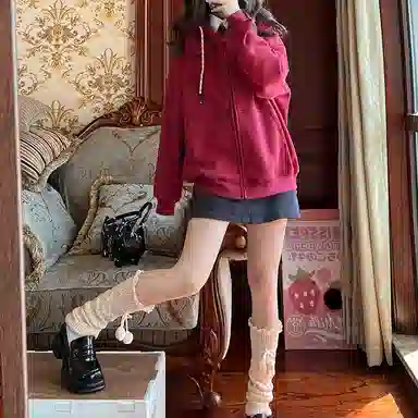 东鲸岁时记 纯色拉链宽松字母刺绣加绒开衫连帽卫衣 女款