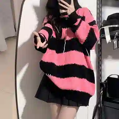 东鲸岁时记 条纹套头宽松撞色针织衫 女款 黑粉色