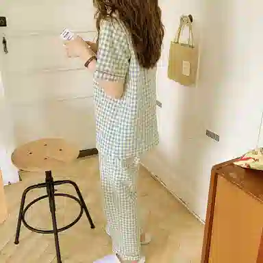 橡柠派 日系格子娃娃领三件套睡衣女夏季薄款短袖开衫可外穿家居服 女款 清新绿 家居套装