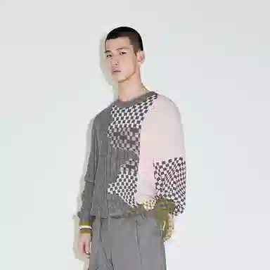 速写 拼接棋盘格长袖套头毛衣 男女同款