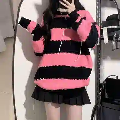 东鲸岁时记 条纹套头宽松撞色针织衫 女款 黑粉色