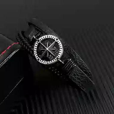 肯默八芒星圆盘钛钢手链 朋克风手环 编织皮手镯 简约磁吸开口 男款