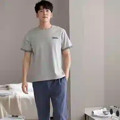 棉基因 纯棉短袖长裤睡衣 圆领家居服套装 春夏季 男款 灰蓝