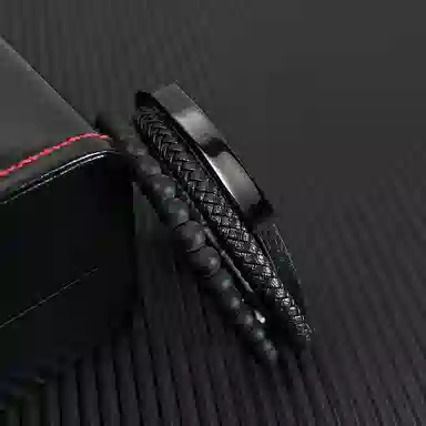 肯默钛钢串珠手链 朋克风手环 多层编织皮 简约磁吸开口 男款