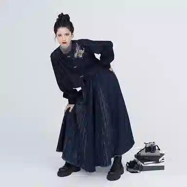 织造司 苍岚 牛仔汉元素圆领衫夹克外套改良毛边破裙原创唐制汉服 女款 深蓝色