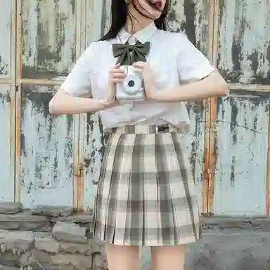 兔半眠 格纹短款百褶制服裙装制服 女款 浅绿色