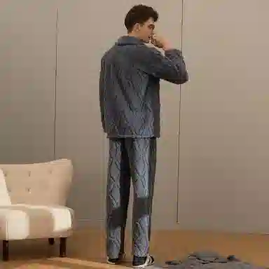 芬腾 睡衣珊瑚绒秋冬季法兰绒加厚长袖可外穿休闲大码家居服套装 男士 灰兰