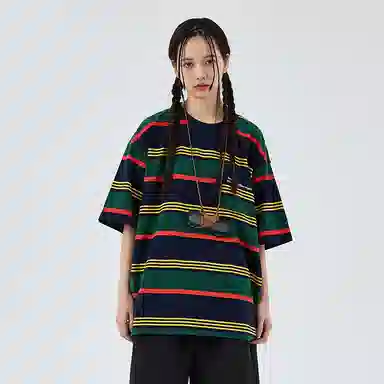 BENMYSHOWER Rainbow Stripe T-Shirt Navy