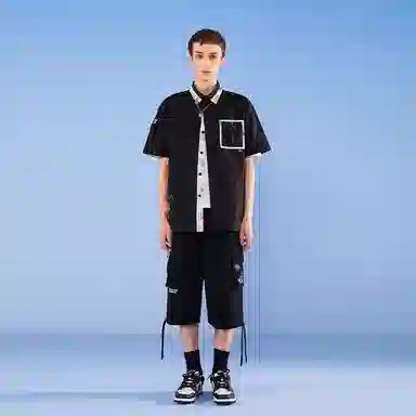 LAMLICKA拼接字母短袖翻领衬衫男女同款黑色