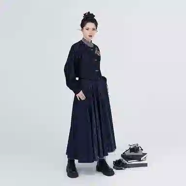 织造司 苍岚 牛仔汉元素圆领衫夹克外套改良毛边破裙原创唐制汉服 女款 深蓝色