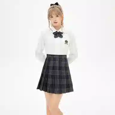 东鲸岁时记 纯色长袖衬衫百褶短款半身格裙制服套装 女款