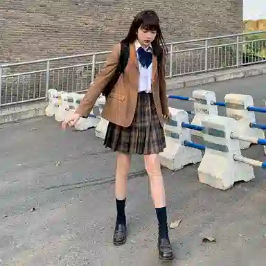 东鲸岁时记 纯色单排扣长袖外套格纹短款半身裙制服套装 女款