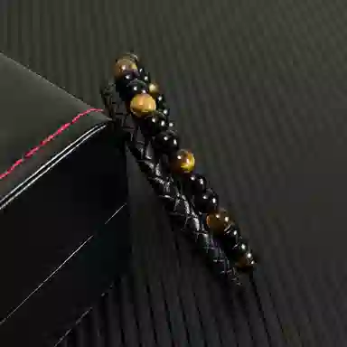 肯默钛钢双层手链 朋克风手环 编织皮 简约磁吸开口 男款  黑色