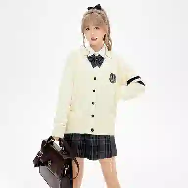 东鲸岁时记 撞色长袖针织开衫百褶格纹短裙制服套装 女款