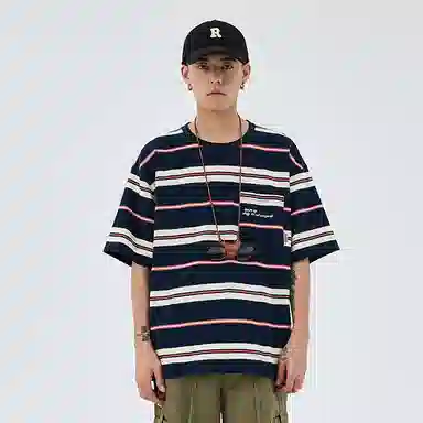 BENMYSHOWER Rainbow Stripe T-Shirt Navy