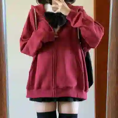 东鲸岁时记 纯色拉链宽松字母刺绣加绒开衫连帽卫衣 女款