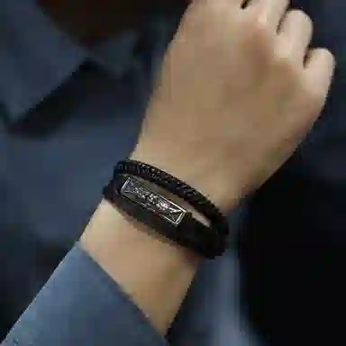 肯默 钛钢骷髅羽翼手链 朋克风手环 编织皮手镯 简约磁吸开口 男款