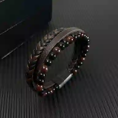 肯默多层皮绳手链 朋克风手环 编织皮  钛钢简约磁吸开口 男款