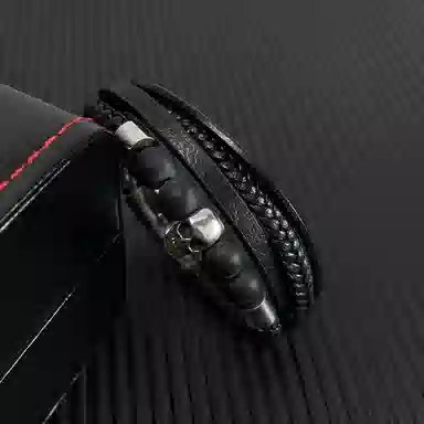 肯默钛钢嘻哈骷髅头手链 朋克风手环 多层编织皮  简约磁吸开口 男款