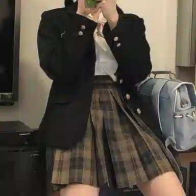 东鲸岁时记 格纹褶皱高腰短款高腰半身裙 女款